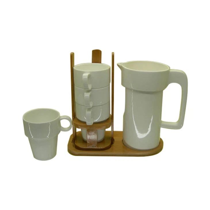 Set da caffè in ceramica con set di rack in bambù di 4 pz e 1 teiera